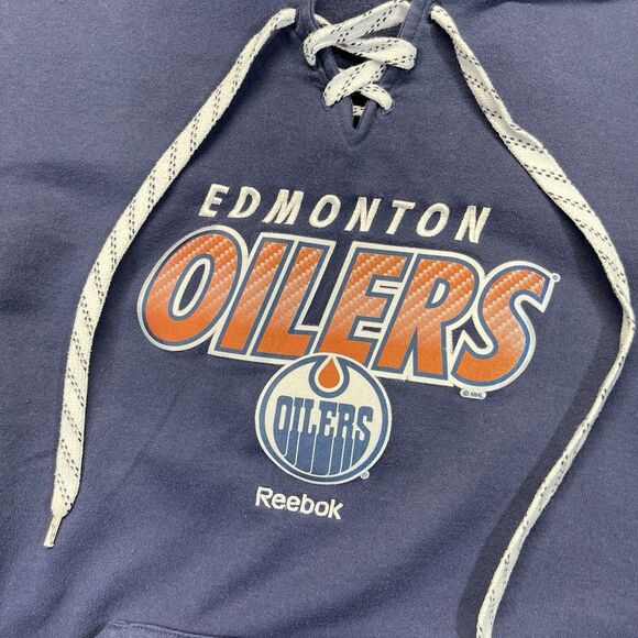 Edmonton Oilers Reebok Hoodie Mens Large L Blue Laced 3D Embroidered Logos - Picture 2 of 8